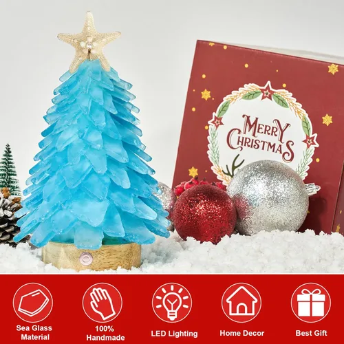 Vista 3 de Árbol de Navidad de cristal azul marino - Mini árbol de Navidad con luces LED Centro de mesa hecho a mano, ideal para Navidad, Año Nuevo