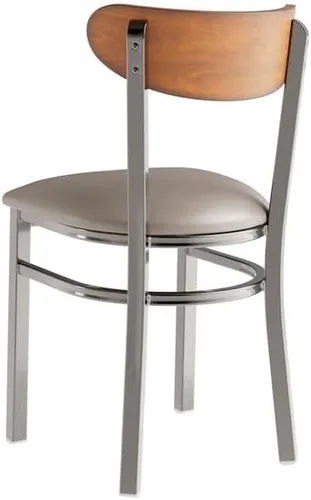 Vista 4 de Boomerang Mid-Century Dining Chair, Clear Coat Metal Frame, Dark Gray Vinyl Seat, Antique Walnut Wood Back, 32 Inch Height, Indoor Commercial Use
