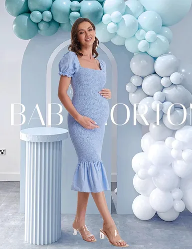 Vista 5 de Vestido de maternidad de verano a media pierna, manga corta abombada, cuello cuadrado, dobladillo con volantes, vestido de sirena para baby shower