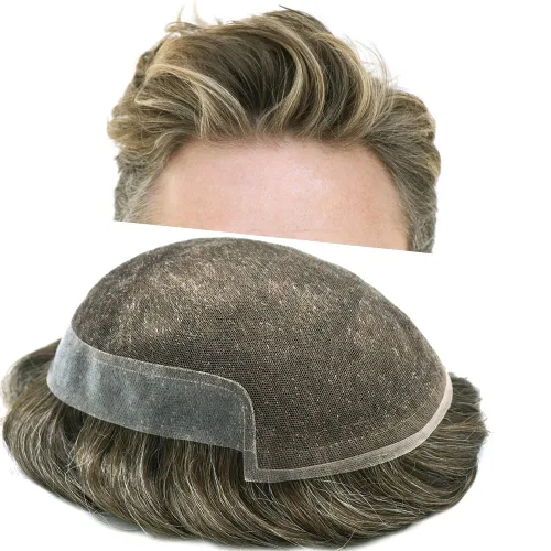 Vista 16 de Toupee para hombres sistemas de reemplazo de piel sintética con encaje suizo para hombre, nudos blanqueados, línea capilar natural para hombres