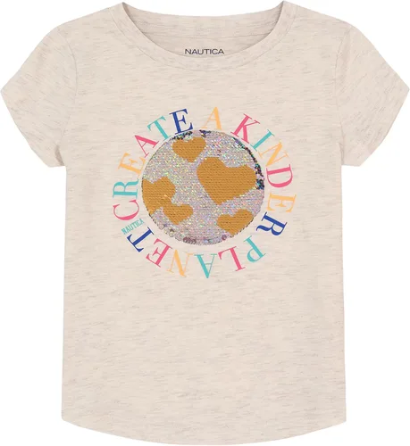 Vista 2 de Nautica Camiseta de manga corta para niña con diseño de lentejuelas abatibles, camiseta de algodón con interior sin etiqueta