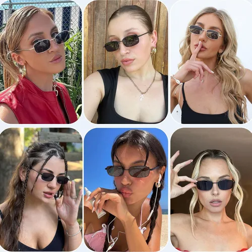 Vista 3 de Lentes de sol rectangulares para mujer, estilo retro de los años 90, marco cuadrado estrecho, protección UV400
