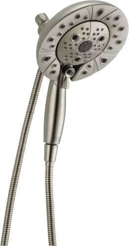 Vista 13 de Cabezal de ducha dual In2ition de 5 pulverizaciones Delta Faucet con rociador de mano, cabezal de ducha cromado H2Okinetic con manguera, cabezales