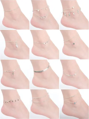 Vista 4 de Hicarer Juego de 16 pulseras de tobillo para mujeres y niñas, juego de tobilleras plateadas y doradas para niñas, tobilleras de playa bohemias