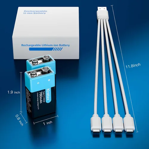 Vista 8 de Kratax Baterías de litio recargables USB de 9 V, paquete de 2 baterías recargables de iones de litio de 760 mAh de 9 voltios con cable de carga