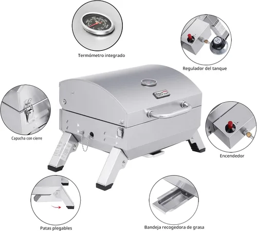 Vista 8 de Royal Gourmet GT1001 Parrilla portátil de acero inoxidable, 10000 BTU Parrilla de gas de mesa para barbacoa con patas plegables y tapa