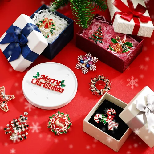Vista 7 de 16 Pcs Christmas Brooches for Women Christmas Brooches and Pins Xmas Rhinestone Crystal Set Vintage Snowman Star Garland Reindeer Bells Tree Mixed