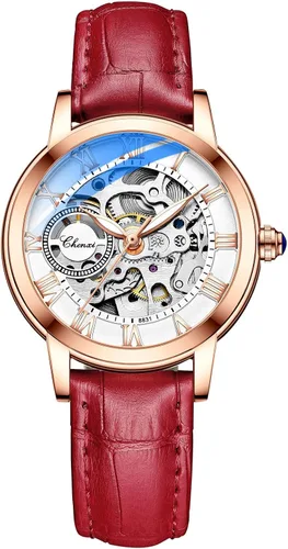Vista 10 de MASTOP Relojes de mujer de zafiro automáticos Steampunk de cuerda automática mecánicos con pulsera de oro, reloj de esqueleto para mujer con correa
