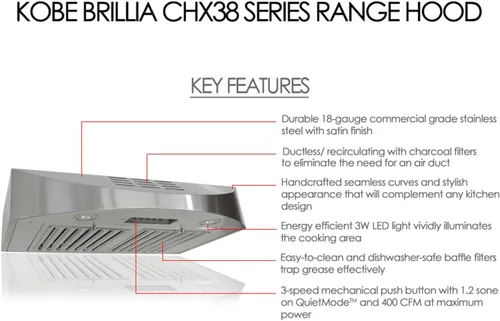 Vista 3 de KOBE CHX3830SQBD-3 Brillia Campana extractora bajo gabinete sin conductos de 30 pulgadas, 3 velocidades, 400 CFM, luces LED, filtros deflectores