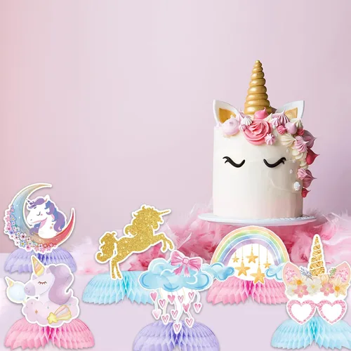 Vista 4 de Decoraciones de cumpleaños de unicornio, 9 piezas de centro de mesa de unicornio arcoíris con panal de abeja, decoraciones de mesa para niños