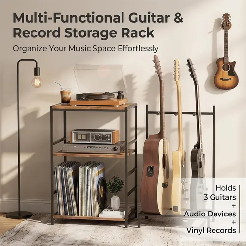 Vista 7 de Soporte de guitarra para múltiples guitarras acústicas con estante de almacenamiento de 3 niveles, estante de exhibición de guitarras, accesorios