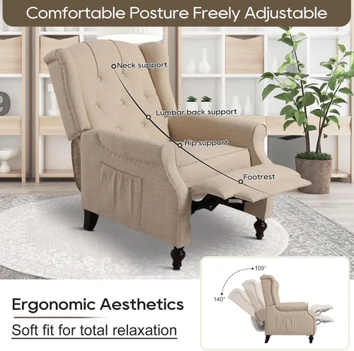 Vista 4 de Silla reclinable PALLOME con respaldo alto, asiento con masaje y calor, tapizado de tela, con respaldo acolchado, silla reclinable para sala de Beige