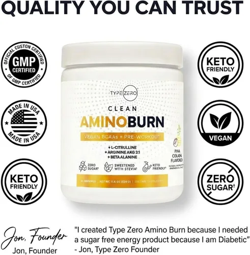Vista 5 de Type Zero Amino Burn Vegan BCAA + Pre-entrenamiento (sabor a piña colada)