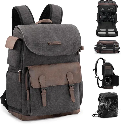 Vista 10 de Cwatcun Canvas Camera Backpack, DSLR SLR Camera Bags for Photographers with Waterproof Rain Cover, Camera Case with Laptop Compartment & Tripod