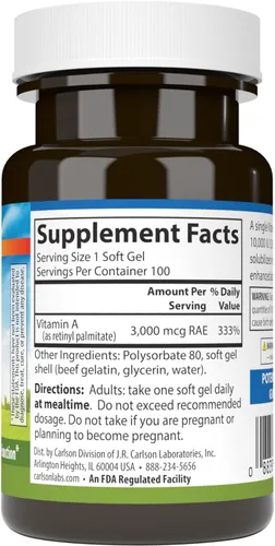 Vista 2 de Carlson - Vitamina A solubilizada, 10000 UI (3000 mcg RAE), soluble en agua, salud de la visión, 100 cápsulas blandas