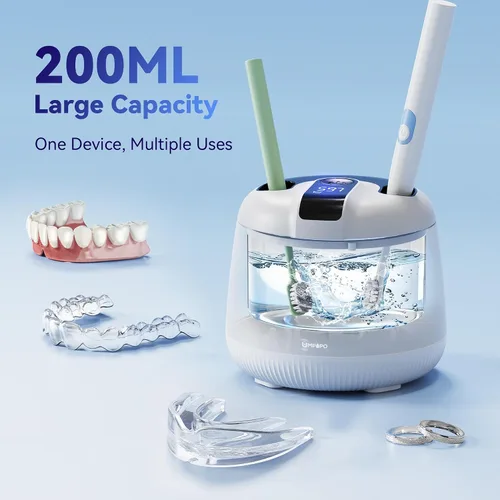 Vista 7 de Máquina limpiadora ultrasónica de retenedores de 48 kHz, cápsula de limpieza dental, limpiador ultrasónico de retenedores para dentaduras