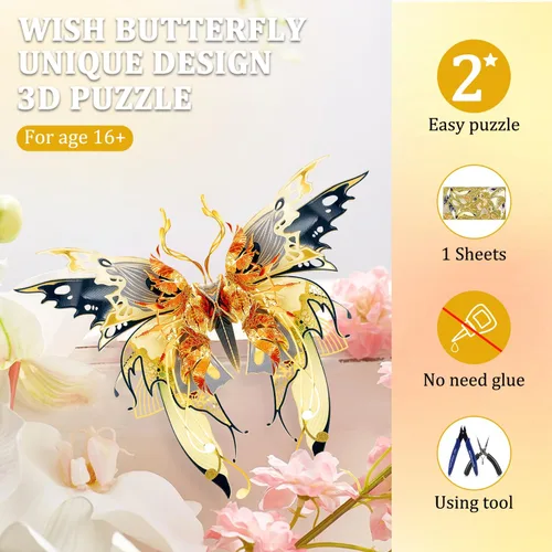 Vista 5 de Microworld Rompecabezas de metal 3D, 6 estilos de deseos de mariposa, kit de modelo de metal, bendición familiar, símbolo de la suerte, colección