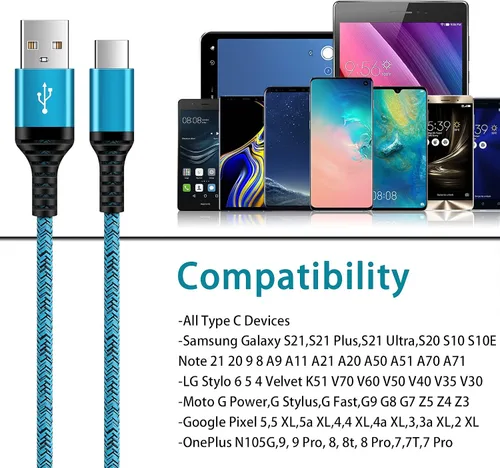 Vista 7 de Cable USB C de carga rápida tipo C de 6 pies, paquete de 5 cables de carga de nailon para Samsung Galaxy S26 A17 A16 5G A12 A32 A52 S23 S22 S21 A14