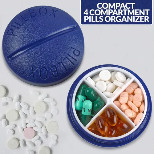 Vista 7 de Pastillero redondo para viajes, mini organizador compacto portátil de 4 compartimentos, dispensador de vitaminas y medicamentos hasta 4 veces al