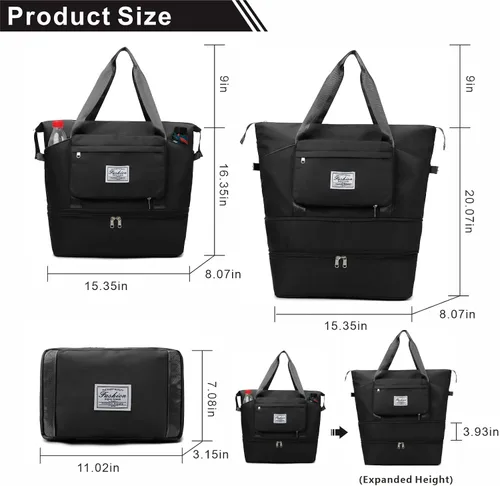 Vista 2 de Rhewatin Bolsa de gimnasio expandible para mujer, bolsa de fin de semana plegable con bolsillo húmedo, bolsa de noche para viajes, gimnasio, yoga