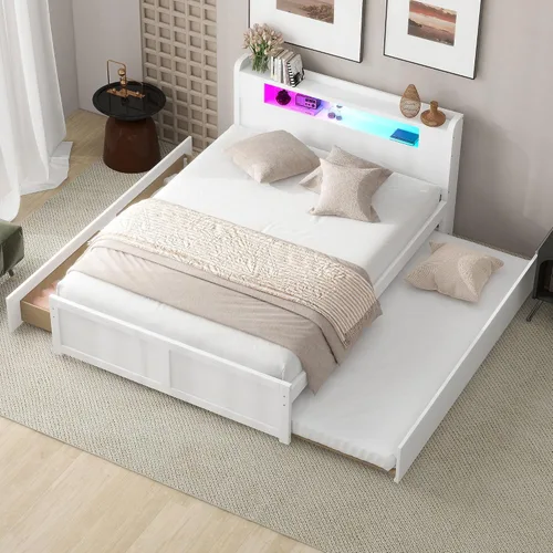 Vista 14 de VilroCaz Cama de plataforma multifunción de tamaño matrimonial con nido y cajones, plataforma de madera con cabecera de almacenamiento y enchufes