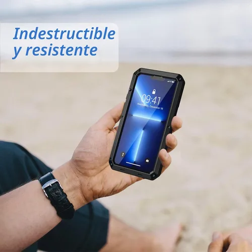 Vista 7 de Lanhiem Funda metálica para iPhone 13 Pro, resistente a los golpes, con protector de pantalla de vidrio integrado, funda protectora de cuerpo Negro