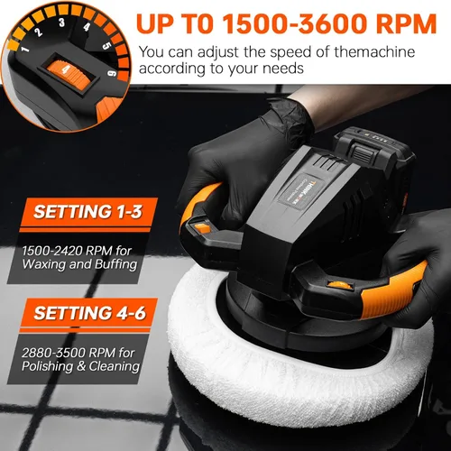 Vista 3 de THINKWORK Pulidora Buffer, Pulidora Buffer Inalámbrica de 20V, Kit de Máquina Pulidora Portátil de 10 Pulgadas para Carro, 2 Baterías Recargables