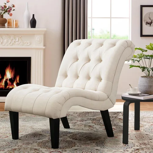 Vista 15 de Silla decorativa de piel sintética negra moderna con botones capitoné tapizada sin brazos para dormitorio, sala de estar con patas de madera Silla