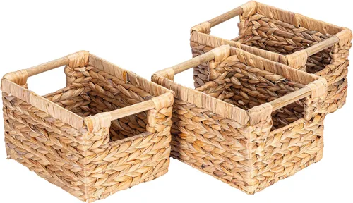 Vista 10 de Cesta de hierba marina natural con mango de madera, cesta de mimbre rectangular mediana para sala de estar, 12.2 x 8.9 x 6.7 pulgadas, paquete de 3
