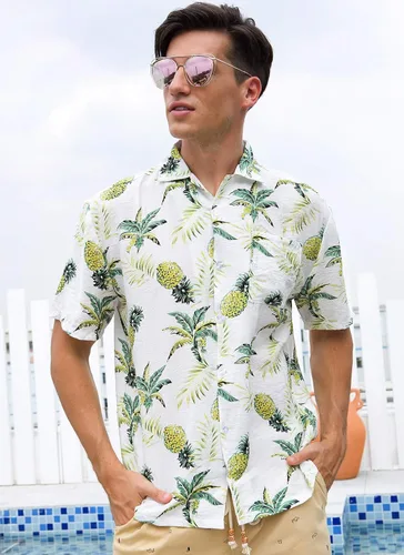Vista 4 de Janmid Camisas hawaianas florales de manga corta con botones para hombre