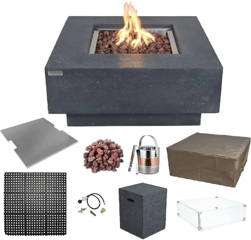 Vista 16 de Elementi Manhattan - Juego de mesa de fuego de gas de hormigón, encendido electrónico para exteriores, cubierta de lona, roca de lava incluida claro