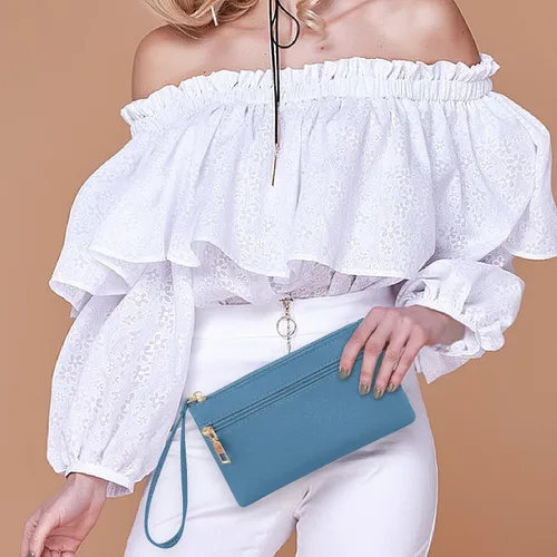 Vista 6 de TIESOME Bolso de mano para mujer, de cuero con doble cremallera, cartera de mano para teléfono, gran capacidad