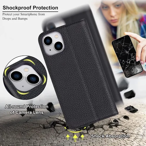 Vista 5 de VISOUL Funda de cuero con diseño de guijarros para iPhone 14 Plus, funda tipo cartera de cuero real con tarjetero y función atril magnética
