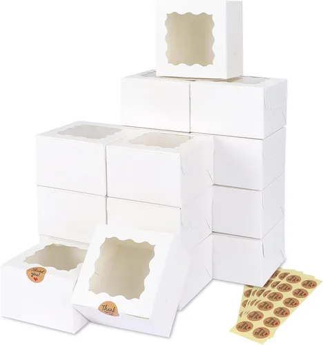 Vista 10 de Moretoes 24 cajas de panadería con ventana, 4 x 4 x 2.5 pulgadas, cajas de galletas marrones para pasteles pequeños, galletas y postres