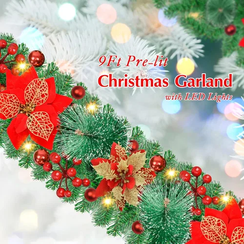 Vista 2 de Guirnalda de Navidad artificial preiluminada, ratán verde con decoraciones de flores rojas y luces LED que funcionan con pilas para escaleras