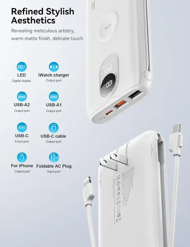 Vista 5 de Portable Charger 10000mAh 20W, Wall Plug, 2 Cables, iWatch Charging Digital Display, Compact Lightweight, USB C Fast Charge, USB-A 18W, Multi