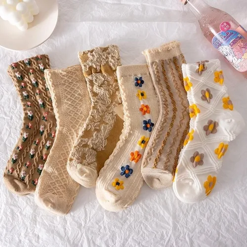 Vista 13 de Juego de 6 pares de calcetines de algodón transpirables de punto floral para mujeres y niñas