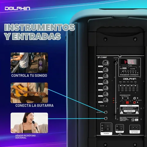 Vista 4 de Dolphin Altavoz Bluetooth para fiestas con 2 micrófonos inalámbricos