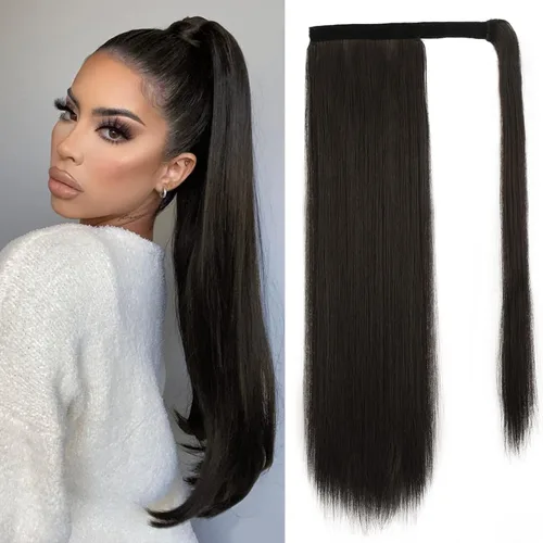 Vista 56 de BARSDAR Extensión de Cola de Caballo Corta y Recta - Extensiones de Cabello de Cola de Caballo con Cordón de 14 Pulgadas en Negro para Mujeres