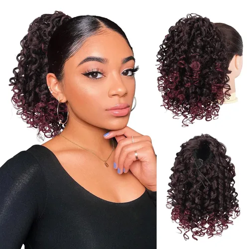 Vista 25 de PEACOCO Extensión de cola de caballo rizada con cordón para mujeres negras - Cola de caballo de 6 pulgadas con clip, postizo sintético de afro corto