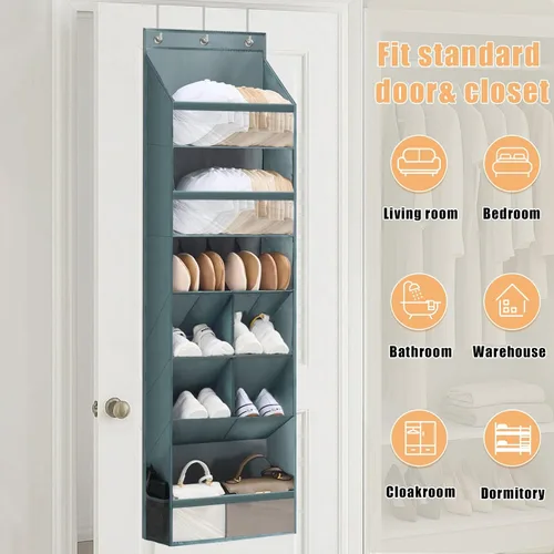 Vista 8 de Organizador sobre la puerta con 6 niveles y 11 bolsillos, organizador de puerta colgante multiusos con bolsillos transparentes, almacenamiento