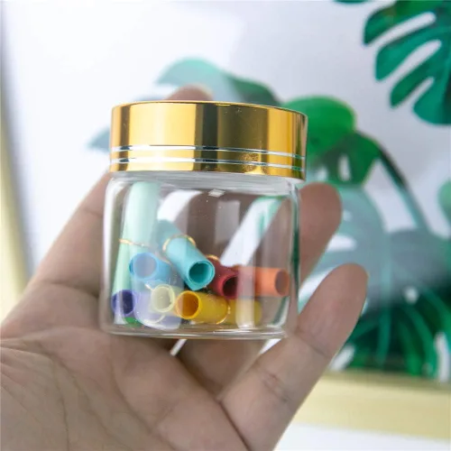 Vista 5 de 6 botellas de vidrio transparente de 1.7 fl oz con tapa de aluminio dorado, adecuadas para recepción de cocina, azafrán, té, almacenamiento