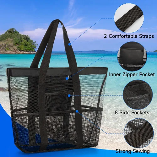 Vista 5 de Bolsa de playa de malla, bolsa de playa para mujer, impermeable, a prueba de arena, con bolsa de maquillaje de malla, artículos esenciales