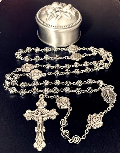 Vista 4 de elegantmedical Hecho a mano vintage plata rosa cuentas rosario católico collar cruz caja de regalo Italia crucifijo, Plata