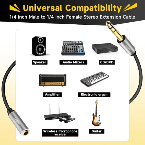 Vista 5 de Cable de extensión de 1/4 de pulgada de 1 pie, conector adaptador estéreo TRS macho a hembra de 0.250 in, cable de extensión de guitarra