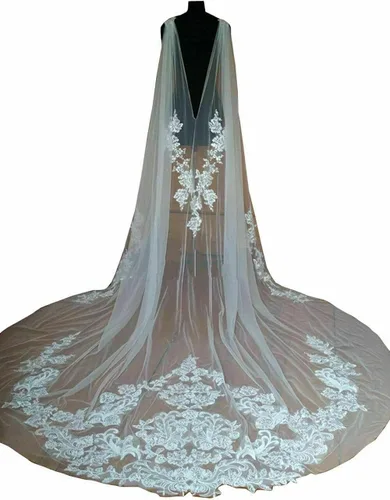Vista 6 de Capa de velo de boda capa de novia larga y exquisita apliques de encaje velo de hombro floral longitud catedral de boda color marfil tamaño 1575in