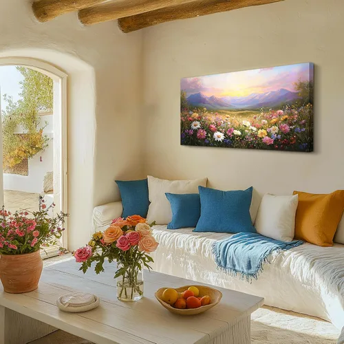 Vista 2 de crmotu Arte de pared de paisaje grande, arte de pared de flores, decoración de pared floral, arte de campo de margaritas para paredes, pinturas