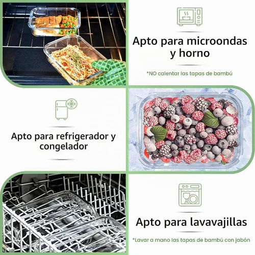Vista 5 de EcoPreps Recipientes de vidrio para preparar comida con tapas de bambú (paquete de 3) - 100% libres de plástico, contenedores de almuerzo