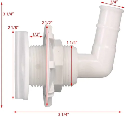 Vista 5 de Supra Boat Thru Hull Drain 104531 Codo de plástico blanco de 1 1/4 pulgadas