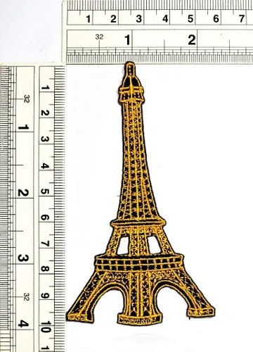Vista 2 de Umama Juego de 3 parches dorados, Torre Eiffel, tela artesanal, París, Francia, viajes, vacaciones, caricatura, retro, divertido, bordado, apliques